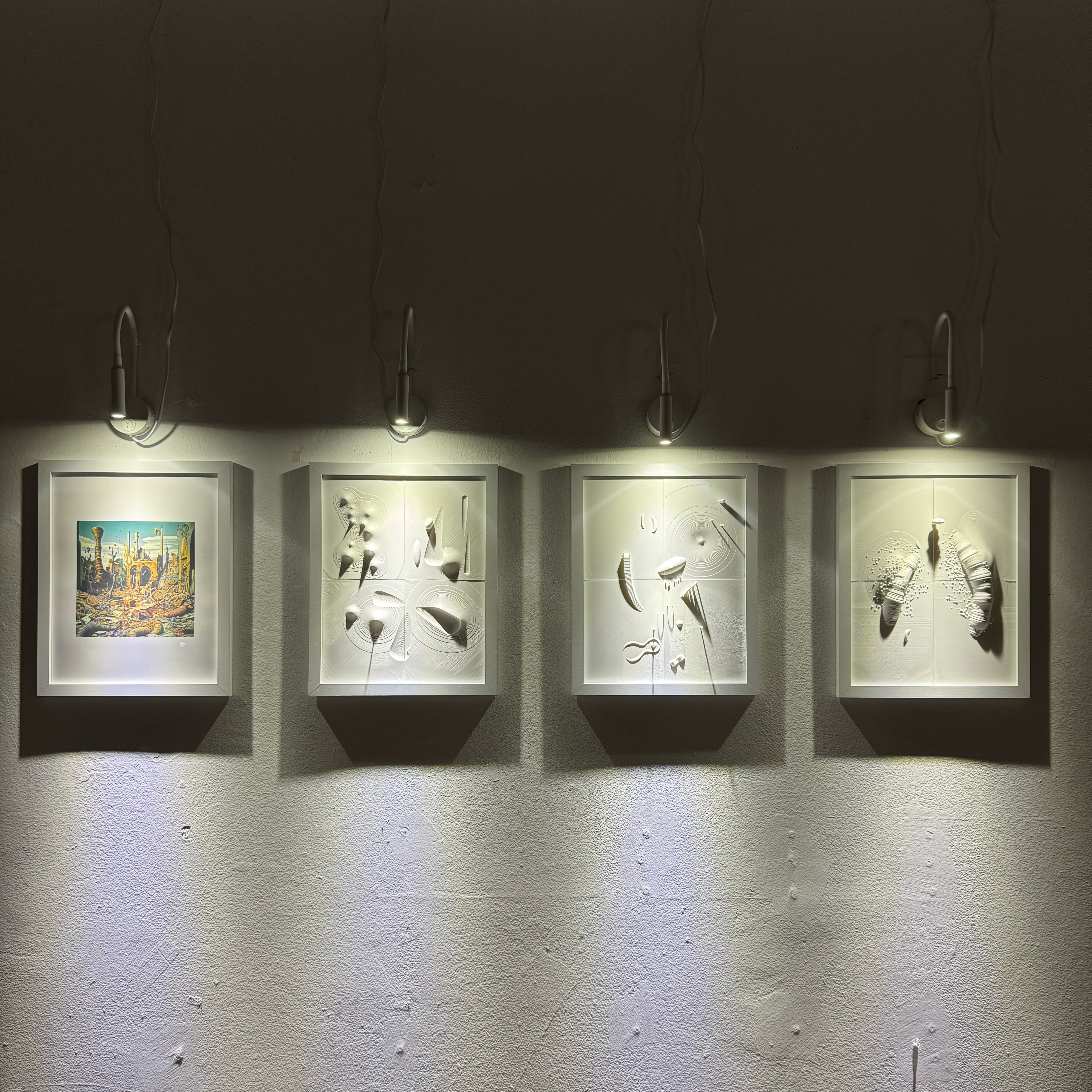 Four framed white relief sculptures, gallery-lit