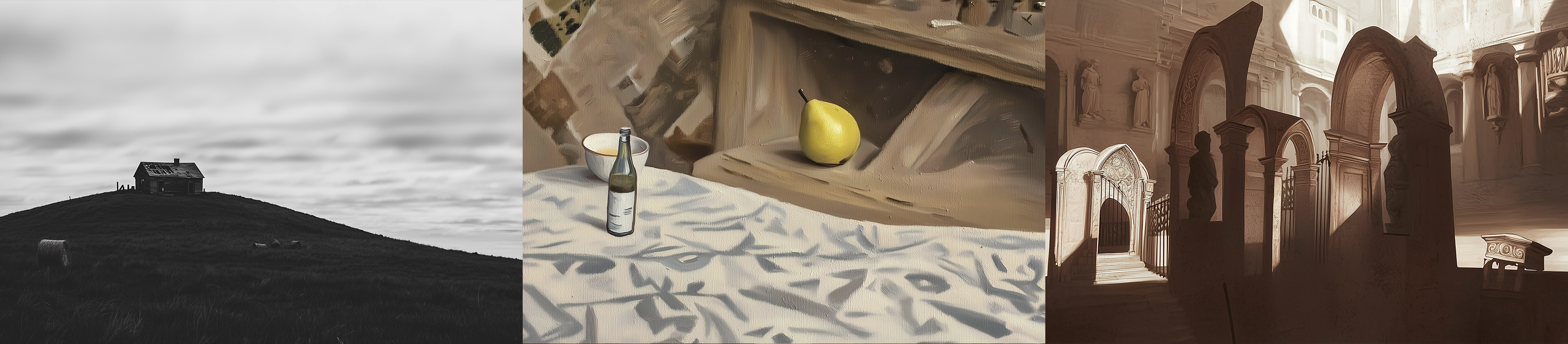 Curated frames — solitary house, still life, arched interior