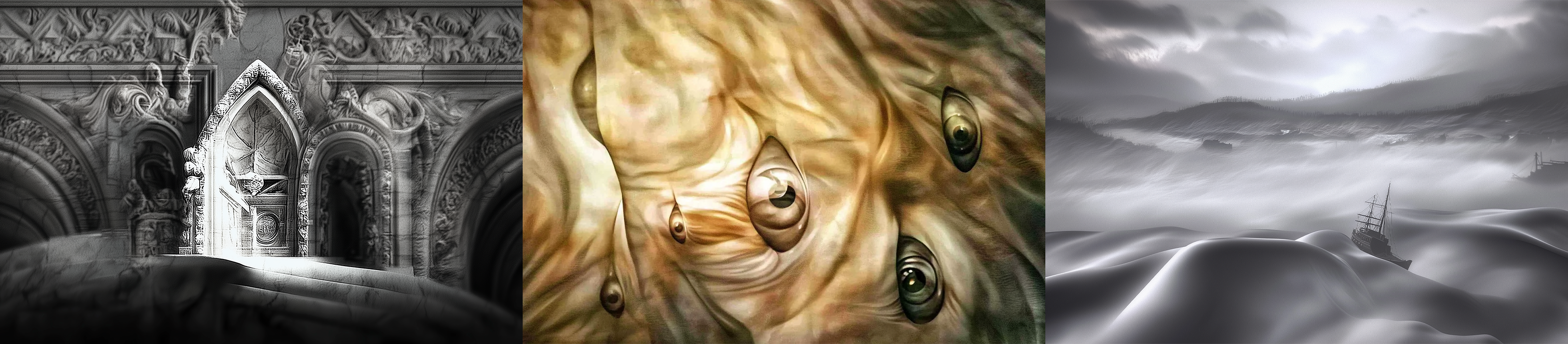 Curated frames — gothic portal, eye in flesh, ship in the dunes