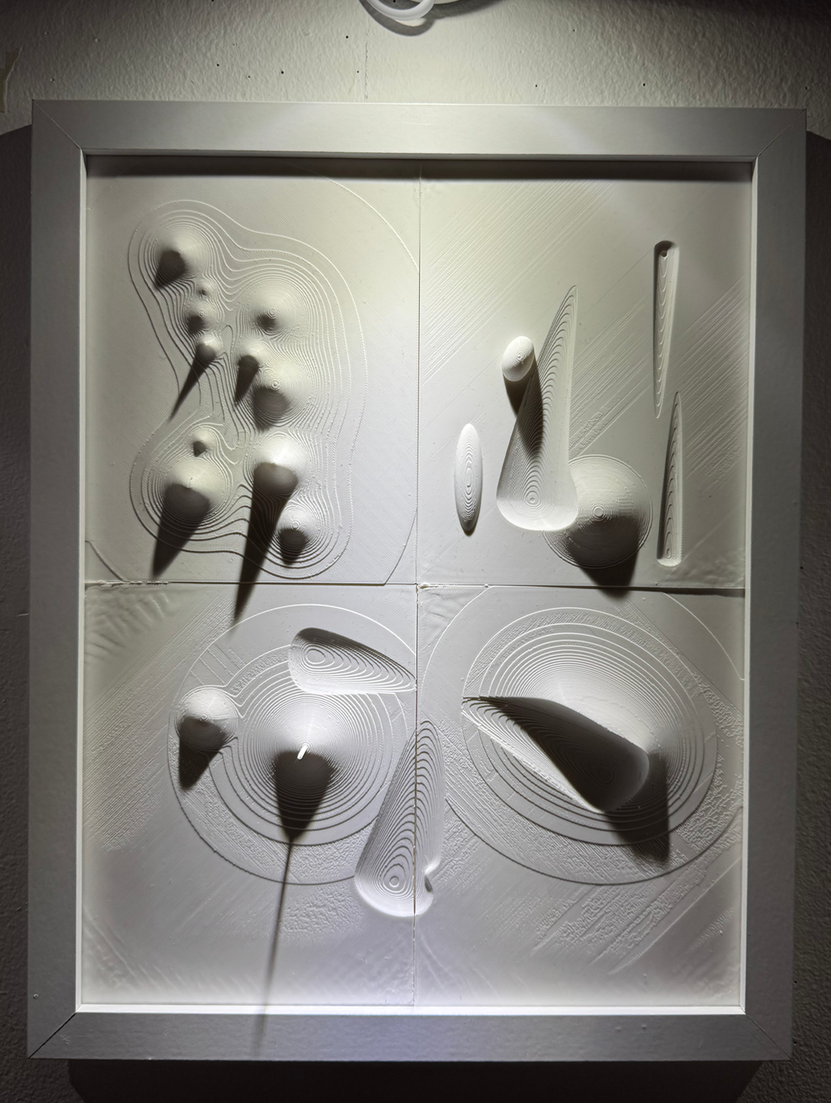 White relief study — cones and concentric rings