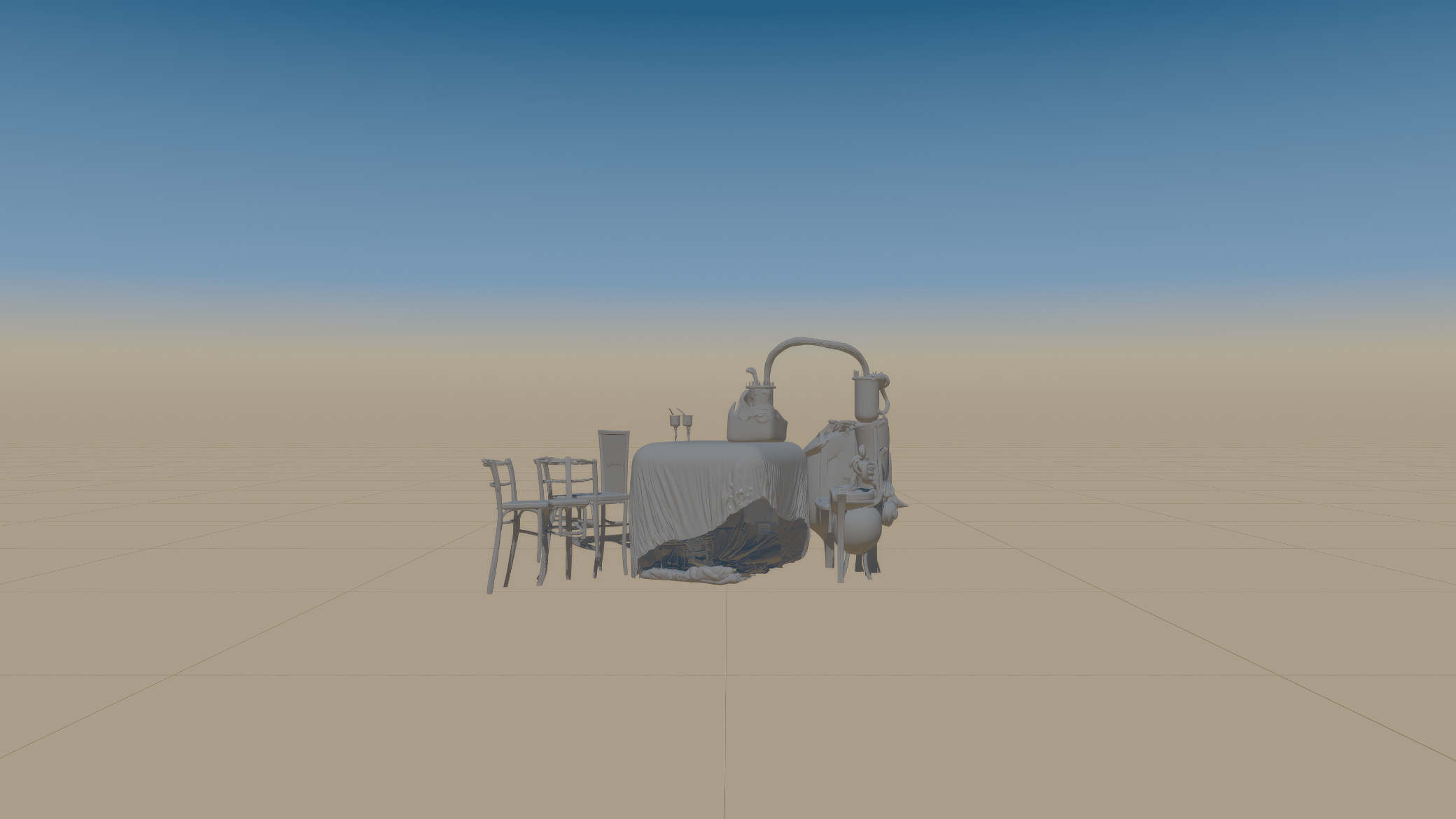 Domestic objects and a distillation apparatus on an infinite grey-and-blue gradient ground