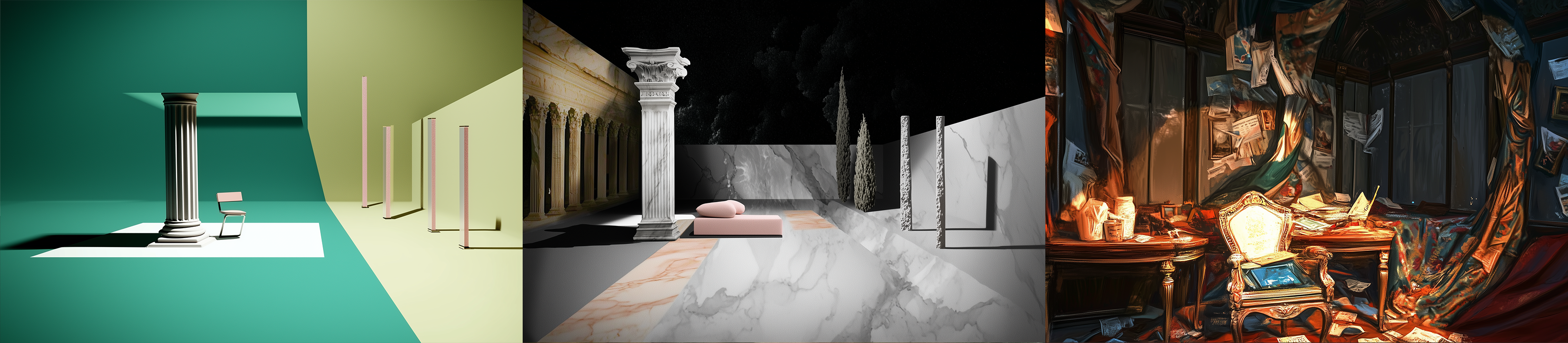 Curated frames — column study, marble courtyard, baroque interior