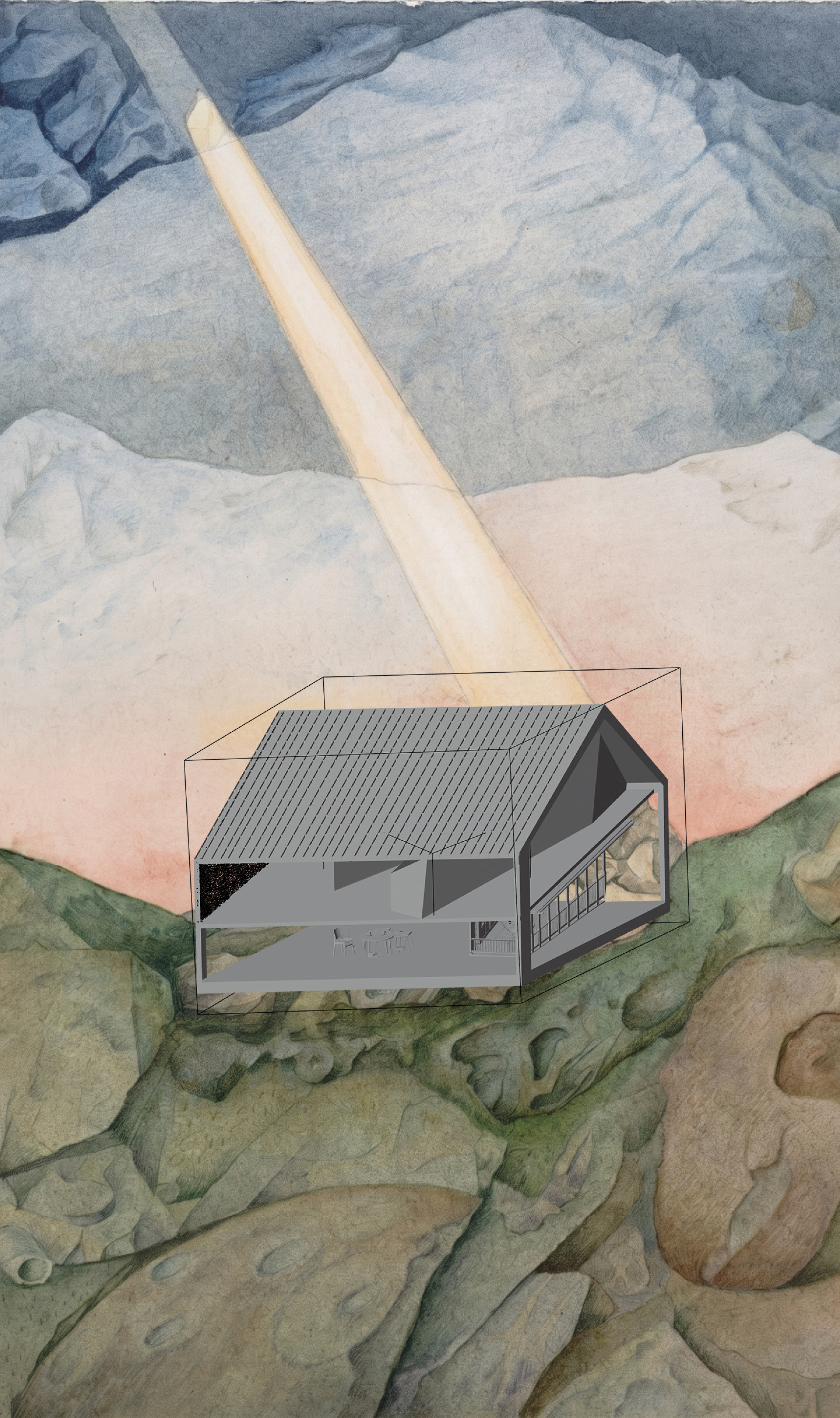 Watercolor mountains in blue and pink behind an axonometric cube and a floating wireframe form