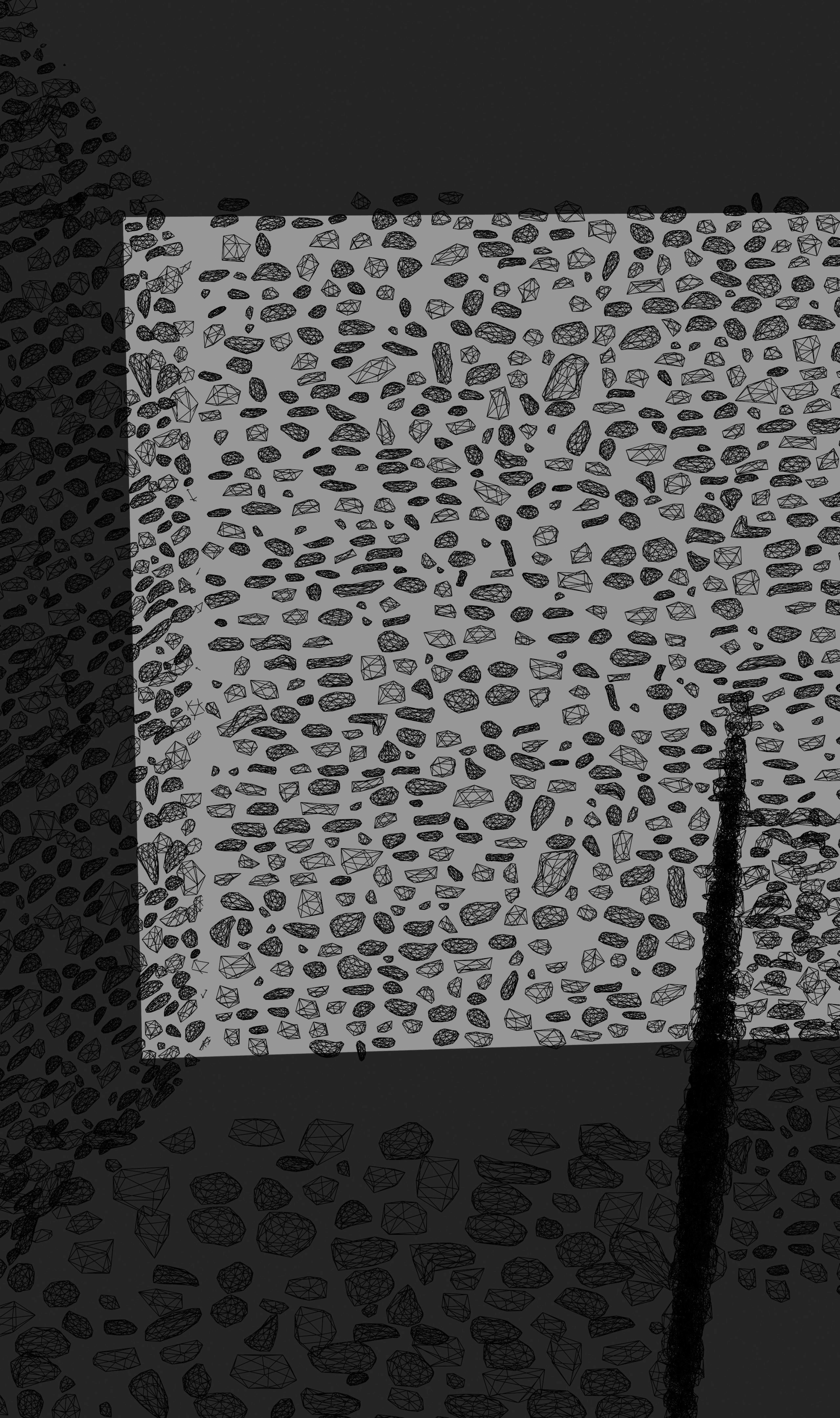 An abstract wireframe study of stones and pebbles across a floor and wall