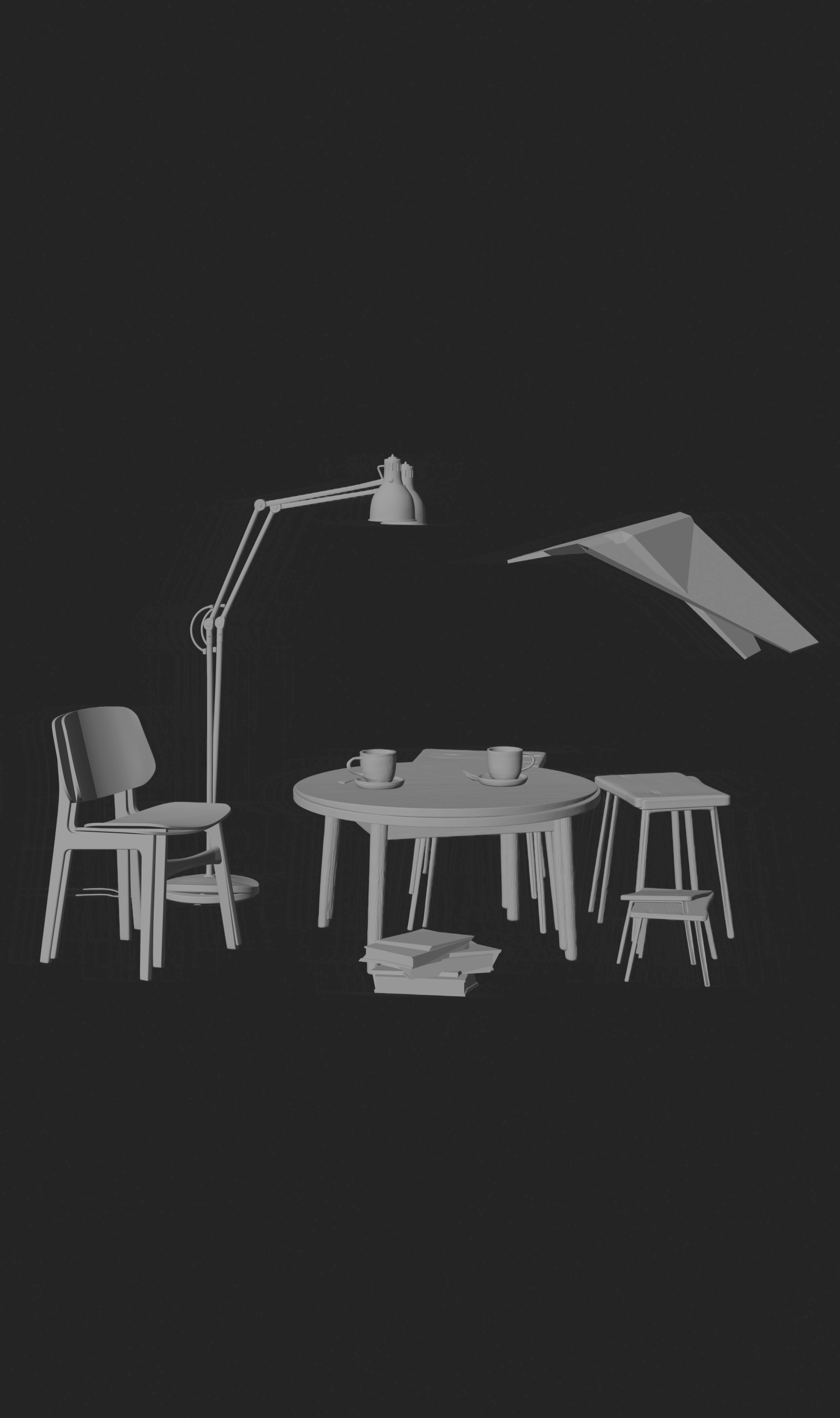 Grey Blender viewport still — domestic furniture on an infinite gradient ground