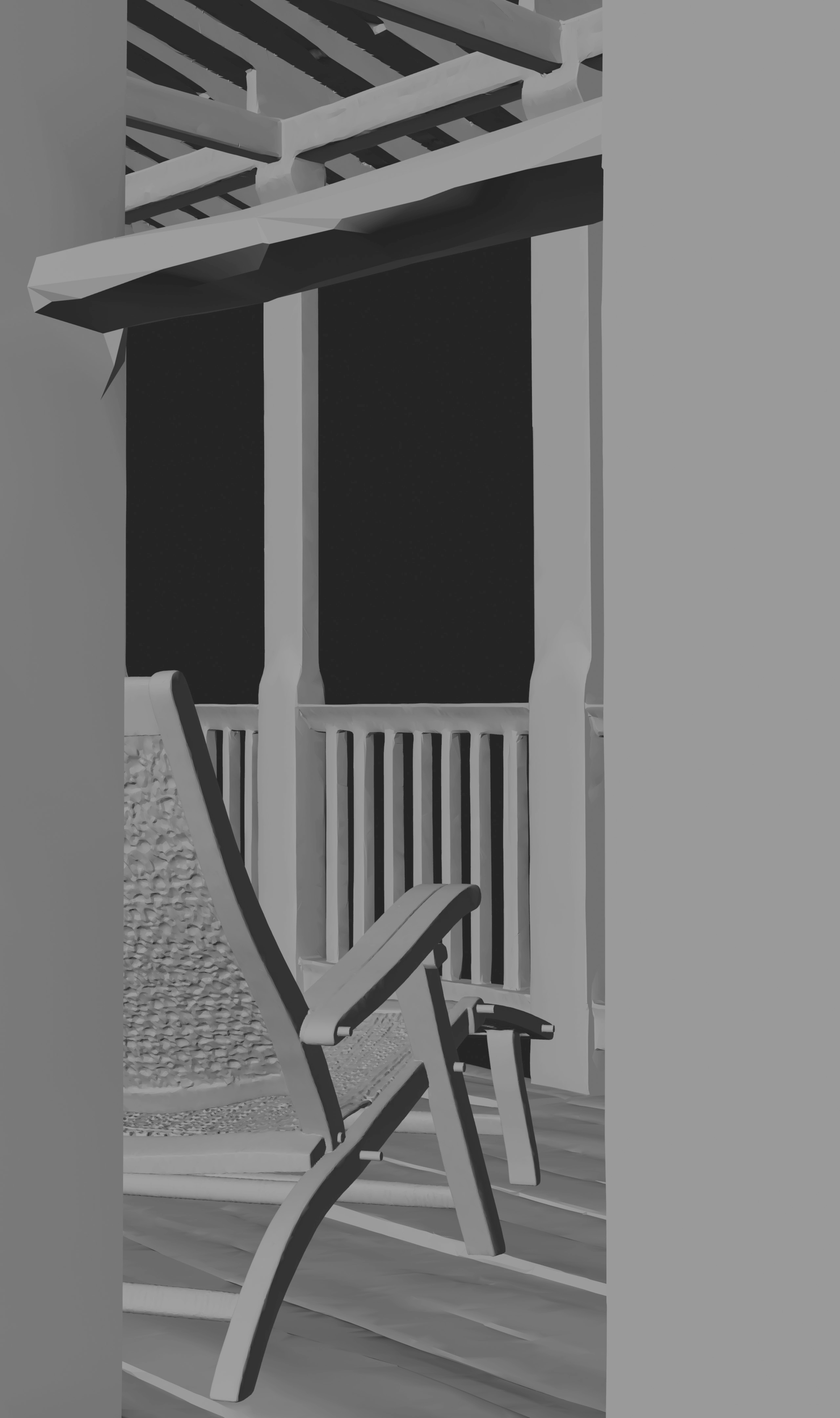 Grey Blender viewport still — a porch and a rocking chair