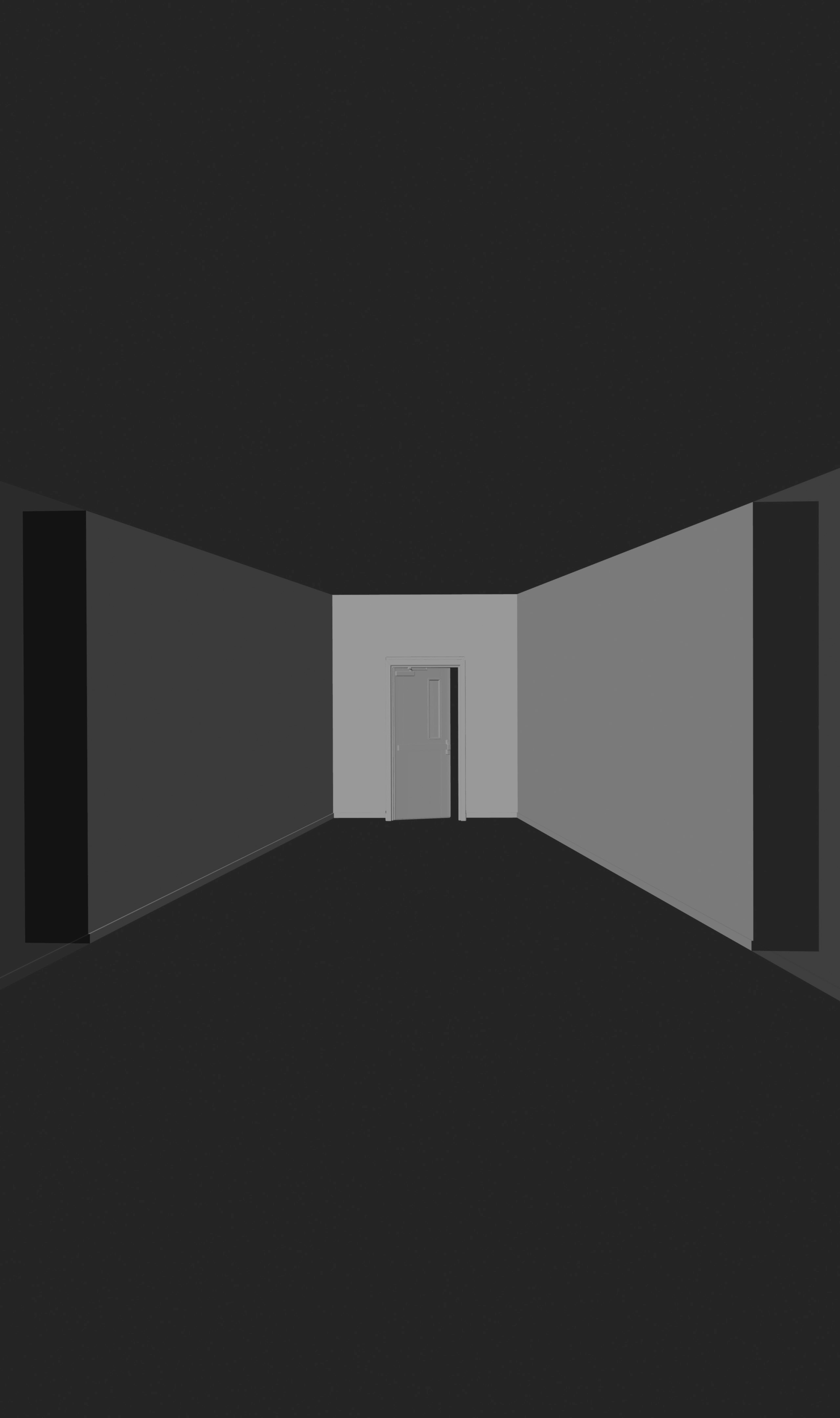 A plain grey brick interior, walls floor and ceiling the same material, ending in a doorway